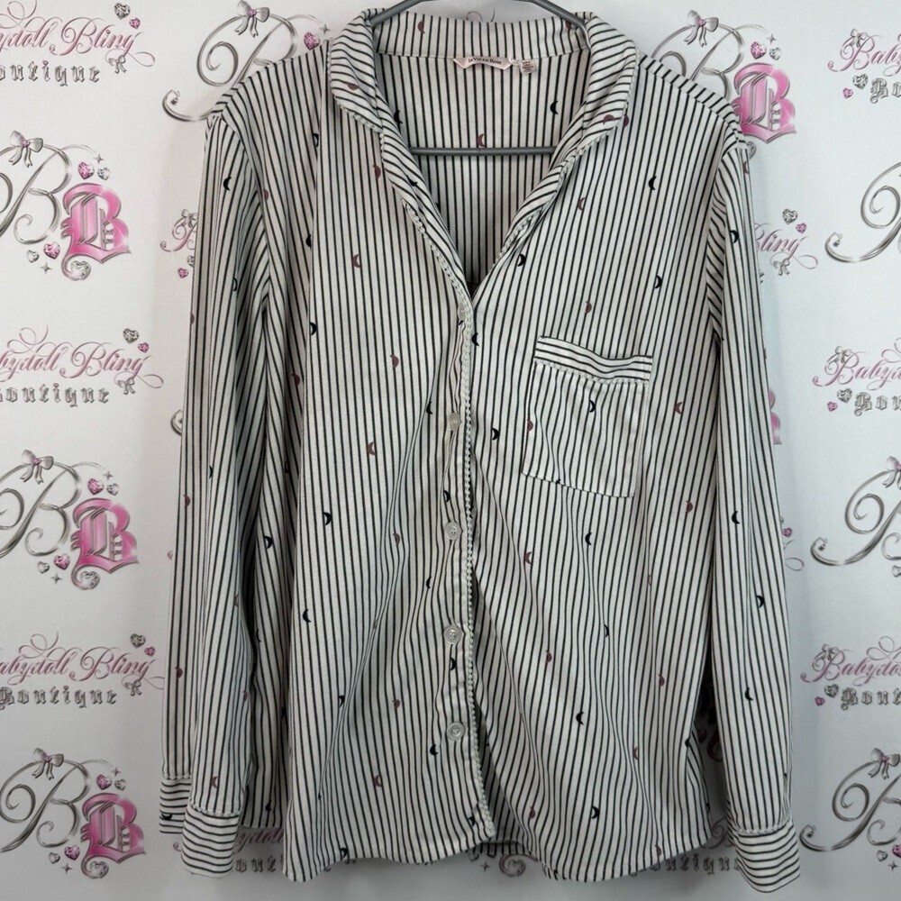 La Vie En Rose shirt button down moons stripes Gray and White Striped Top